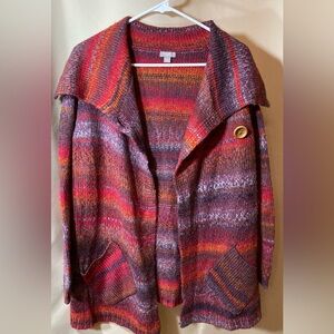 J. Jill Multicolor Striped Wool Blend Cardigan Pockets Button Wide Collar Sz S